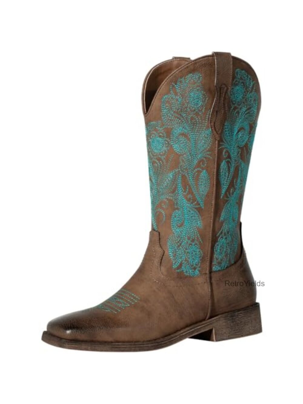 Floral Embroidered Cowboy Boots Square Toe Western Boots Faux Leather
